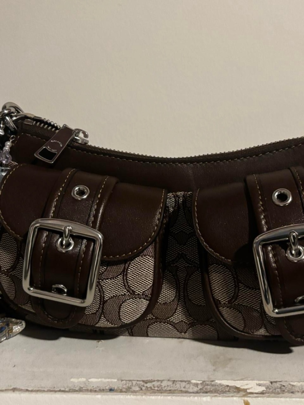 Coach Dark Brown Signature Canvas Shoulder Bag with Leather Trim